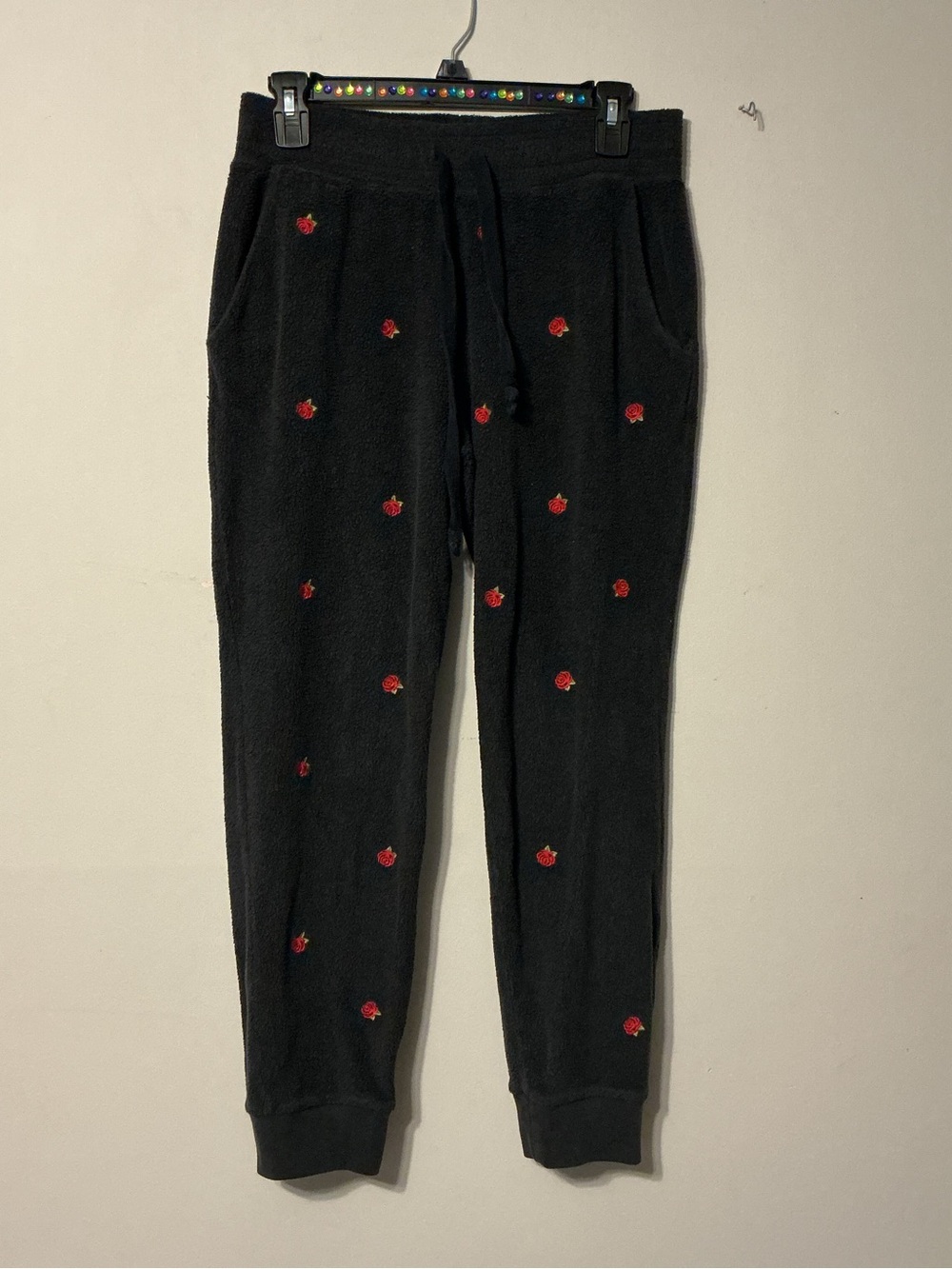 PINK Victoria's Secret Black Joggers with Red Roses